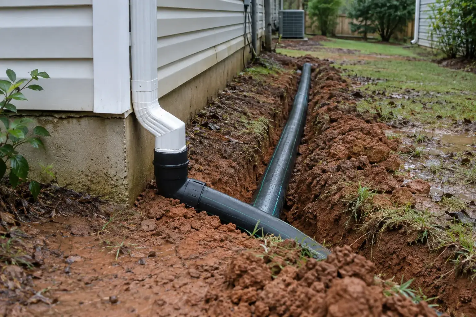 Downspout connected to buried solid drainage pipe beside a Easley home
