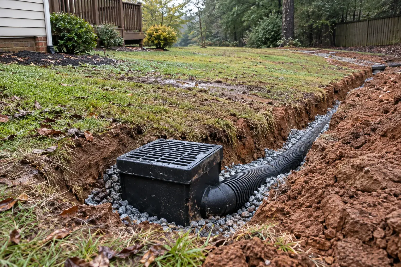 Catch basin and drainage pipe being installed in a wet Anderson yard