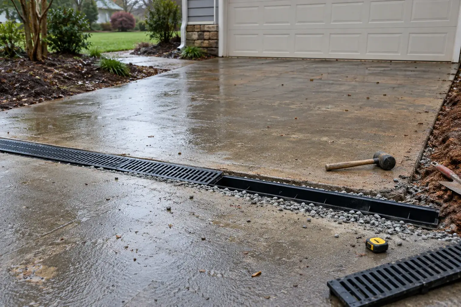 Channel drain being installed across a rain-wet Anderson driveway