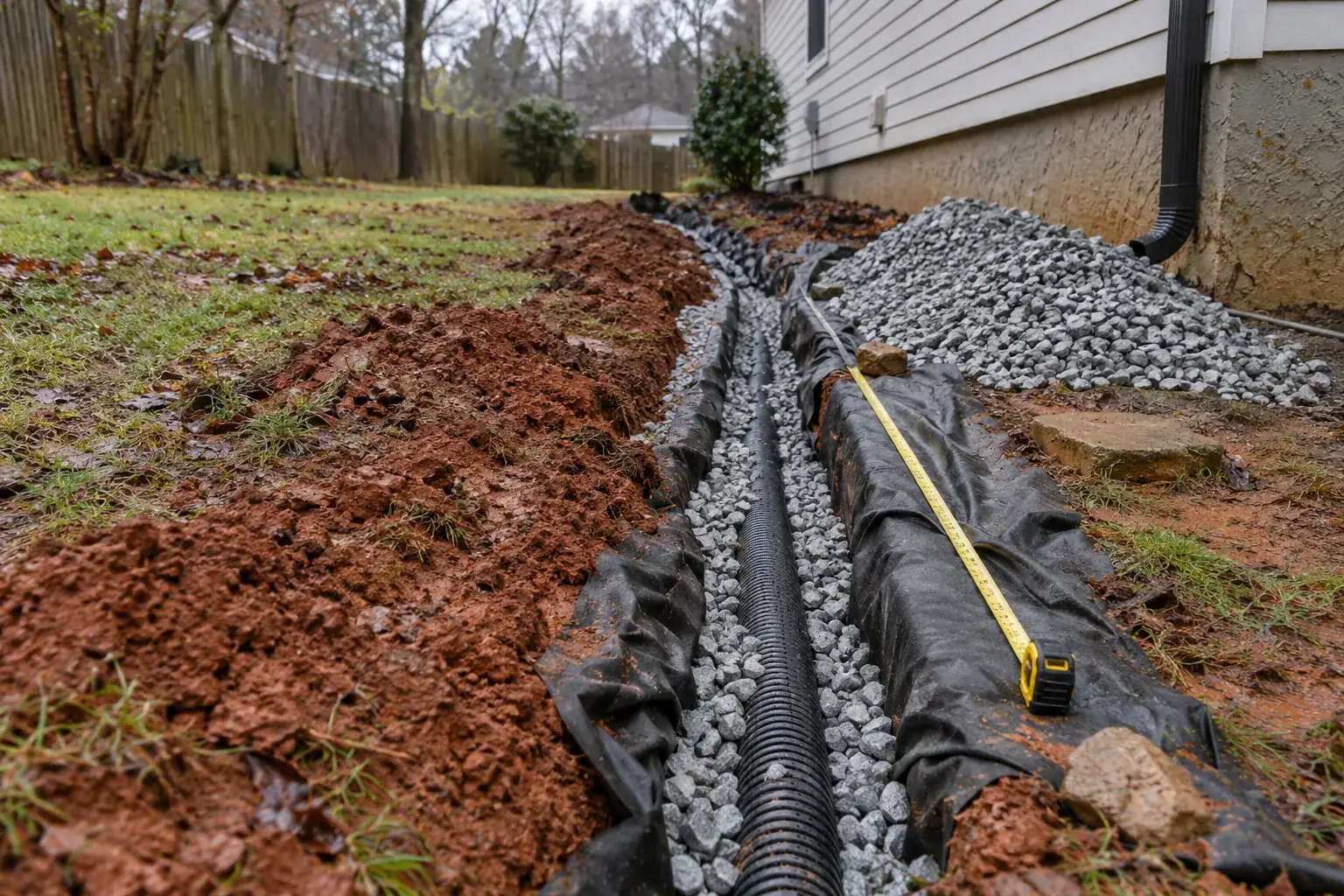 French drain trench, gravel, pipe and tape measure at a Mauldin home