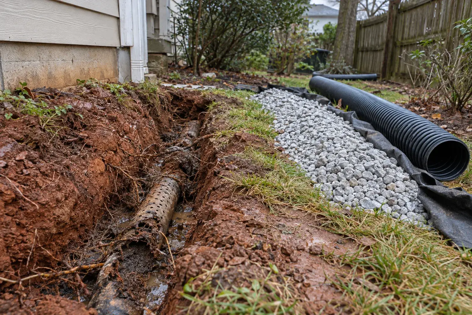 Old clogged French drain exposed during repair in a Simpsonville side yard
