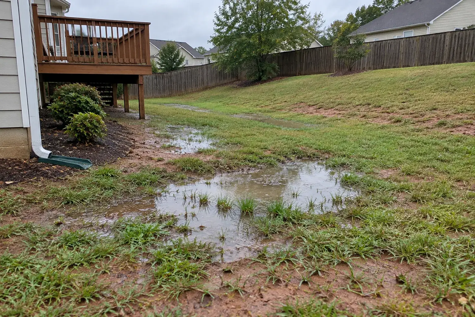 Standing water across a low residential yard in Easley after rain