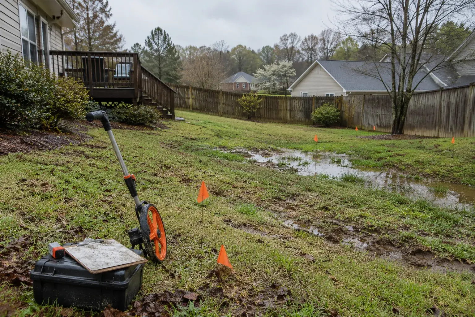Measuring wheel and marking flags used for a Easley yard drainage estimate