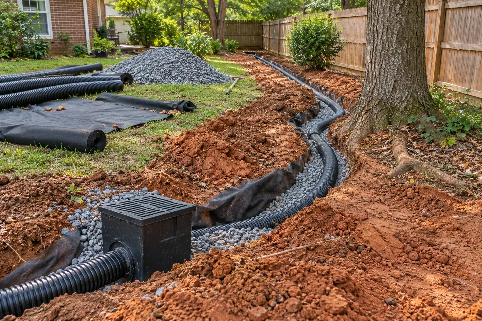 Drainage pipe, catch basin, gravel and trench on a Taylors yard drainage project